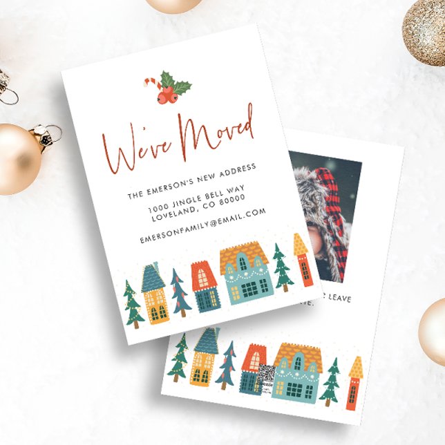 Festiva Hemos cambiado la nueva tarjeta de vacaciones en c (We've Moved Holiday Moving Announcement Christmas Card with photo on back Cute Retro Houses)