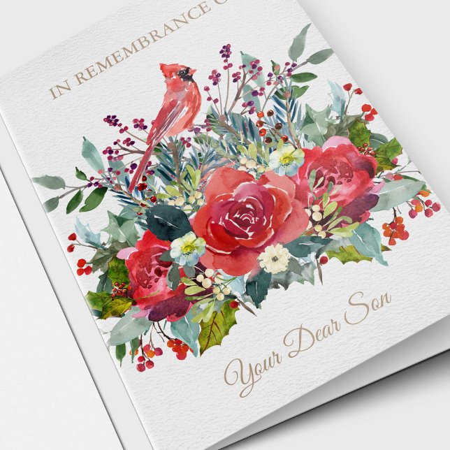 Festiva Hijo de la tarjeta el | de la conmemoración del (Christmas Watercolor Florals and Cardinal 'In Remembrance of Your Dear Son' Sympathy Card)