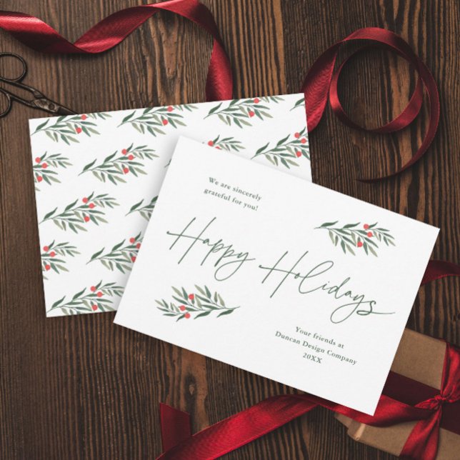 Festiva Hojas de Simple Greenery Tarjeta Empresarial  (A simple script greenery leaves green and red business holiday card.)