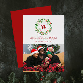 Festiva Holly Berry Wreath Monograma tarjeta fotográfica d