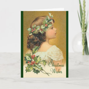 Festiva Holly Chica tarjeta de Navidades de moda antigua