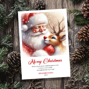 Festiva Jolly Santa Rudolph Arte Clásico Tarjeta de Navida