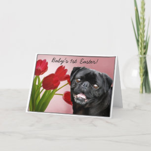 Festiva La primera tarjeta de perro de pug negro de Pascua