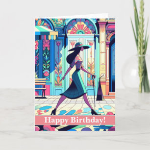 Festiva Lady Walking - Tarjeta de cumpleaños feliz