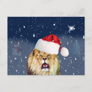 Festiva León de navidades en postal de Santa Hat