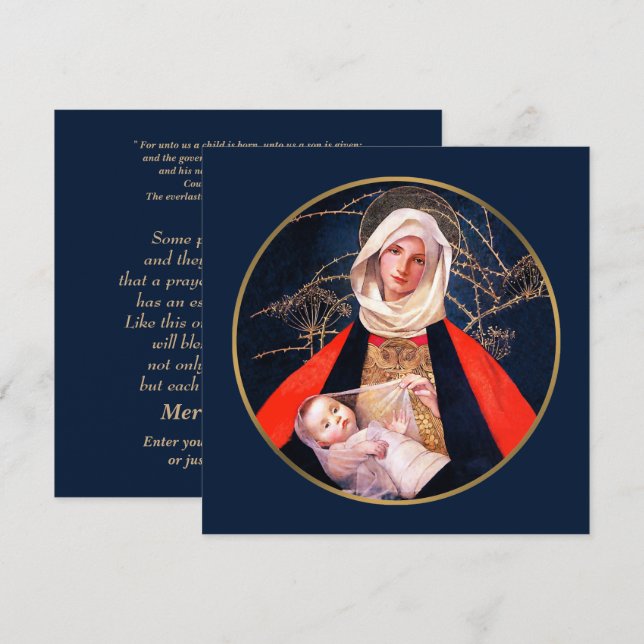 Festiva Madonna y el niño. Tarjeta de Navidades religiosos (Anverso / Reverso)