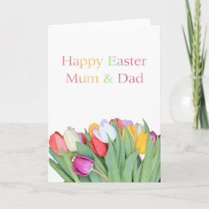Festiva Mamá y papá tarjeta de tulipán feliz de Pascua
