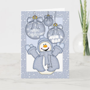 Festiva mamá y papá, tarjeta feliz de navidades de snowman
