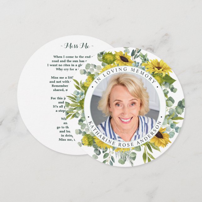 Festiva Memorial Funeral Tarjeta de Oración Girasol Eucali (Anverso / Reverso)