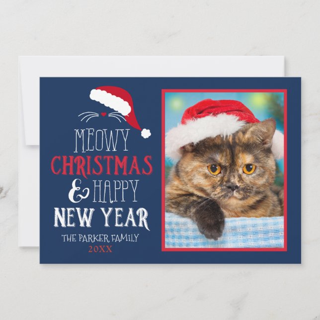 Festiva Meowy Navidades y tarjeta plana de fotos de Año Nu (Anverso)