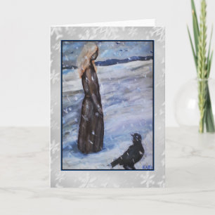 Festiva Mujer en nieve con la tarjeta del arte del cuervo