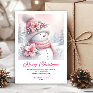 Festiva Muñeco de nieve rosa acogedor para niños Tarjeta d