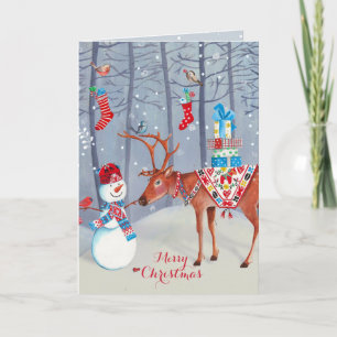 Festiva Muñeco de nieve y el alce    Tarjeta de felicitaci