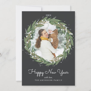Festiva Muy Merry Wreath, tarjeta de foto de Año Nuevo
