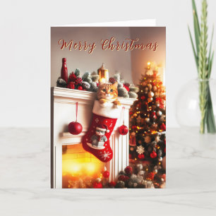 Festiva Naranja Tabby Cat en una tarjeta de Navidades en r