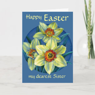 Festiva Narcisos tarjeta amarilla y azul de "Pascua feliz"