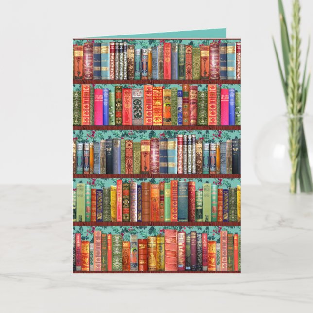 Festiva Navidades biblioteca tarjeta de saludos con holly (Anverso)