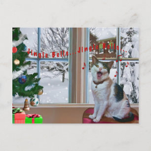 Festiva Navidades, cantando gato, nieve, postal