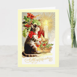 Festiva Navidades con tarjeta de gato y velas vintage