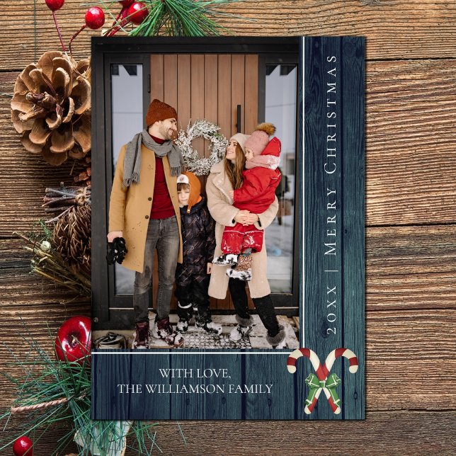 Festiva Navidades de Candy Canes Rústicos | Tarjeta fotogr (Teal Rustic Candy Canes Christmas Photo Card)
