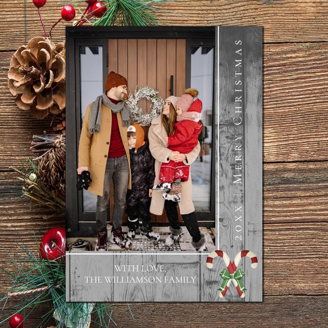 Festiva Navidades de Candy Canes Rústicos | Tarjeta fotogr (Gray Rustic Candy Canes Christmas Photo Card)