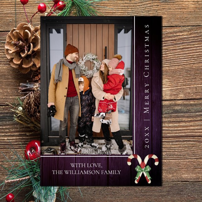 Festiva Navidades de Candy Canes Rústicos | Tarjeta fotogr (Purple Rustic Candy Canes Christmas Photo Card)