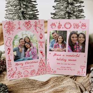 Festiva Navidades de Doodles Rosados Tarjeta Foto Famosa F
