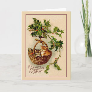 Festiva Navidades de gatitos victorianos y tarjeta de año