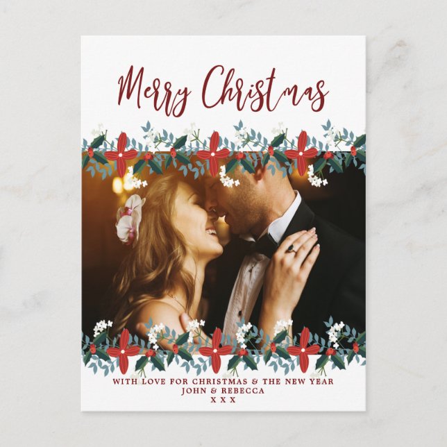 Festiva navidades de vacaciones foto postal floral (Anverso)