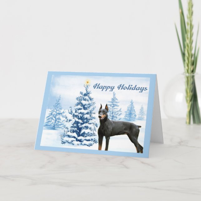Festiva Navidades Doberman Pinscher Tarjeta Árbol Azul (Anverso)