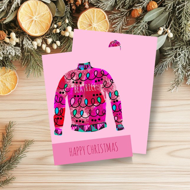 Festiva Navidades feos editables Tarjeta de vacaciones ros (Pink Ugly Sweater Christmas Card)