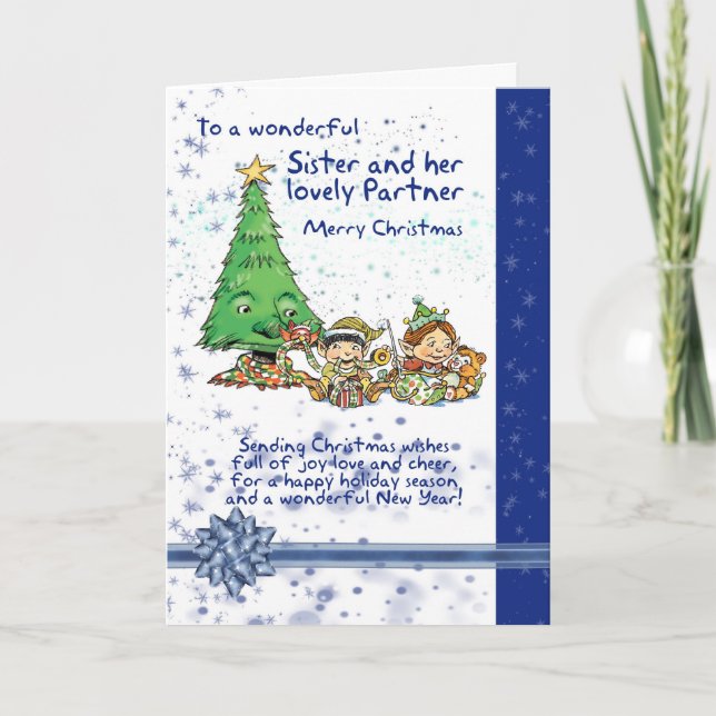 Festiva Navidades Hermanos Y Socios Tarjeta Con Elfos (Anverso)