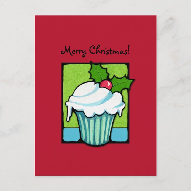 Festiva Navidades Holly Cupcake postal rojo (Anverso)