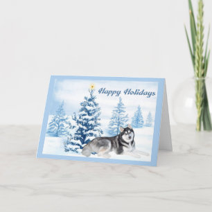 Festiva Navidades Husky Siberiano Tarjeta Árbol Azul
