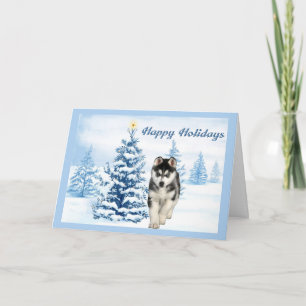 Festiva Navidades Husky Siberiano Tarjeta Árbol Azul