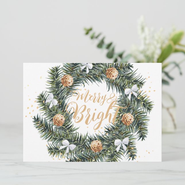 Festiva Navidades merry y brillantes con tarjeta navideña (Anverso de pie)