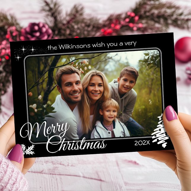 Festiva Navidades modernos foto tarjeta de vacaciones en n (Modern Christmas Photo Black Personalized Custom Holiday Card)