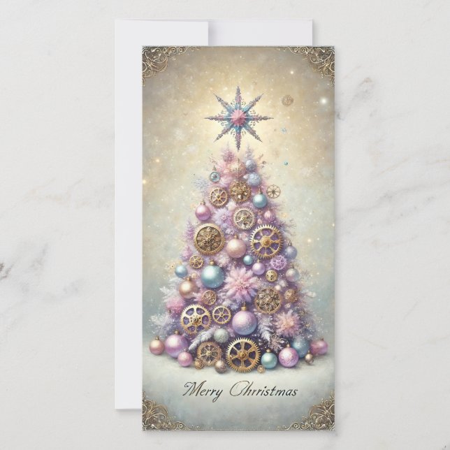 Festiva Navidades Pastel Steampunk Tarjeta Árbol Púrpura (Anverso)