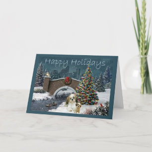 Festiva Navidades Shih Tzu con tarjeta por la noche