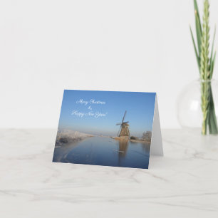 Festiva Navidades tarjeta paisaje invernal con molino de v