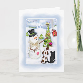 Festiva Navidades Winter Snowman y Mascotas Tarjeta de Sal