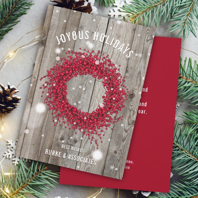Festiva Negocio Rústico Tarjeta Personalizada de Madera de (Rustic Business Winter Berry Wood Personalized Holiday Card)