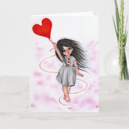 Festiva Niña del globo del corazón del amor en tarjeta del