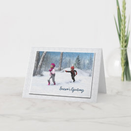 Festiva Niños jugando en la tarjeta de Navidades de nieve