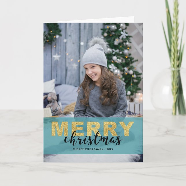 Festiva Nochebuena azul de oro moderno - Tarjeta de foto (Anverso)