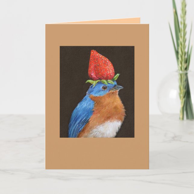 Festiva pájaro azul con tarjeta de fresa (Anverso)