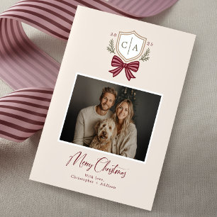 Festiva Parejas Monograma Escudo Bow Tarjeta de Navidades