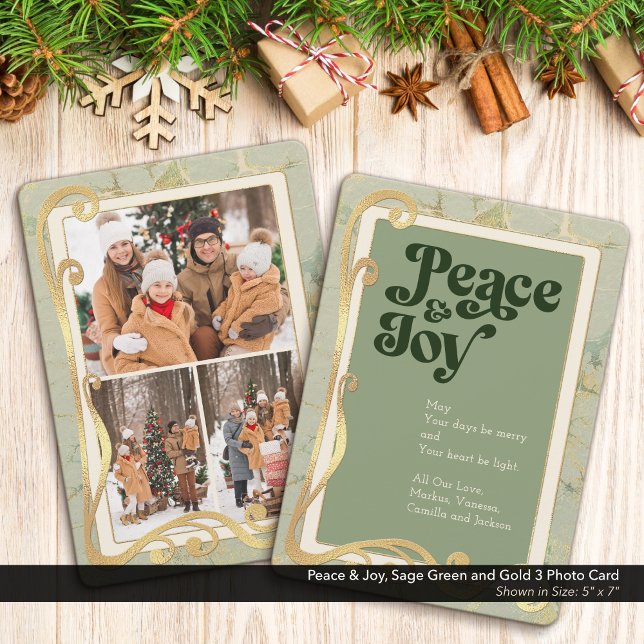 Festiva Paz y Alegría Verde Salvia y Oro Tarjeta de 3 Foto (Peace & Joy, Sage Green and Gold Holiday Three (3) Photo Greeting Card)