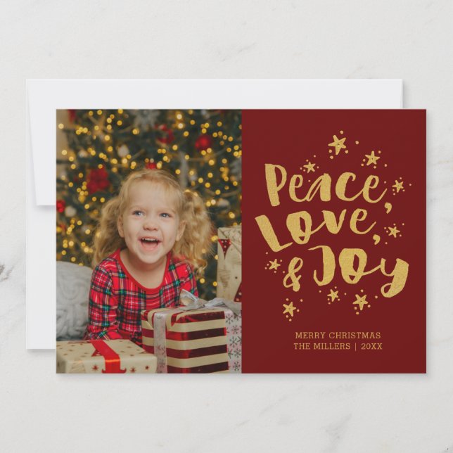 Festiva Peace Love Joy Photo Red Gold Tarjeta de Navidades (Anverso)
