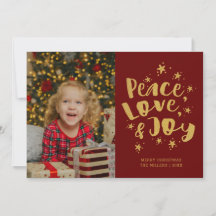 Peace Love Joy Photo Red Gold Tarjeta de Navidades